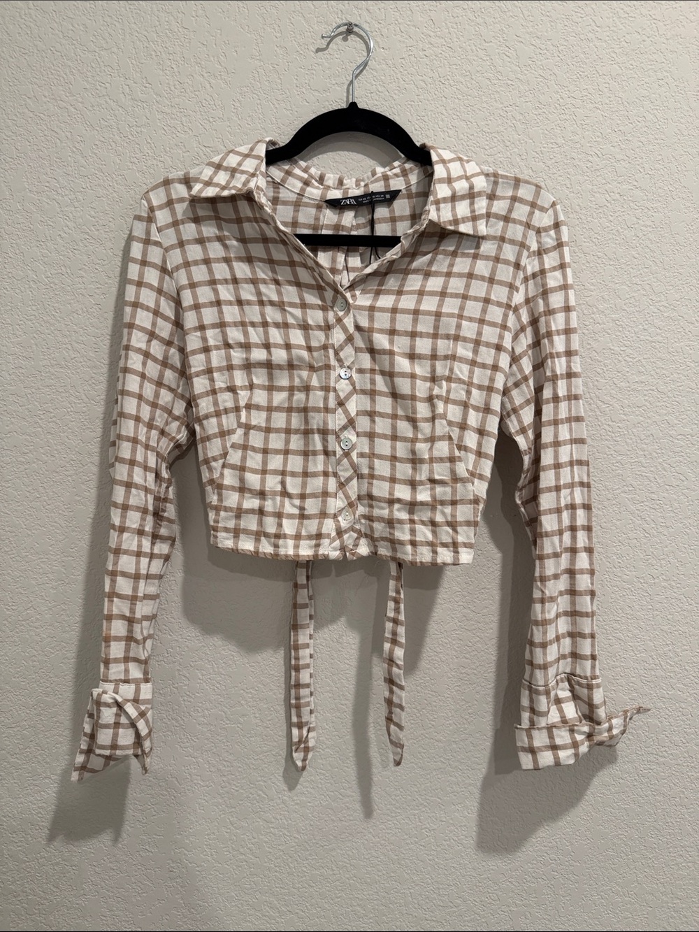 Zara Beige & White Plaid Cropped Tie-Front Shirt